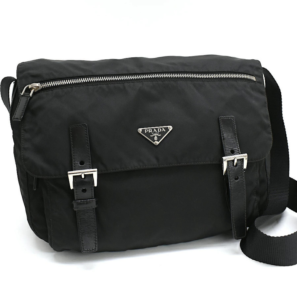 Prada Crossbody Messenger Shoulder Bag Leather Black Triangle Plate